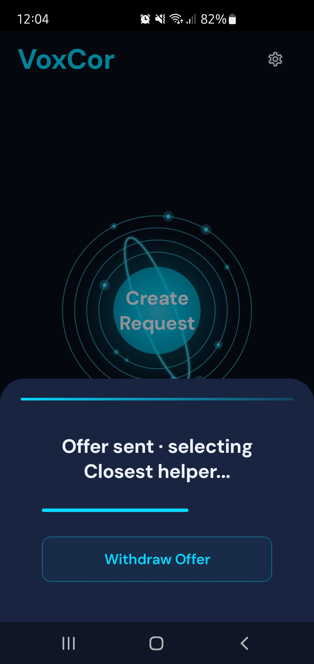 VoxCor request creation screen showing structured request categories