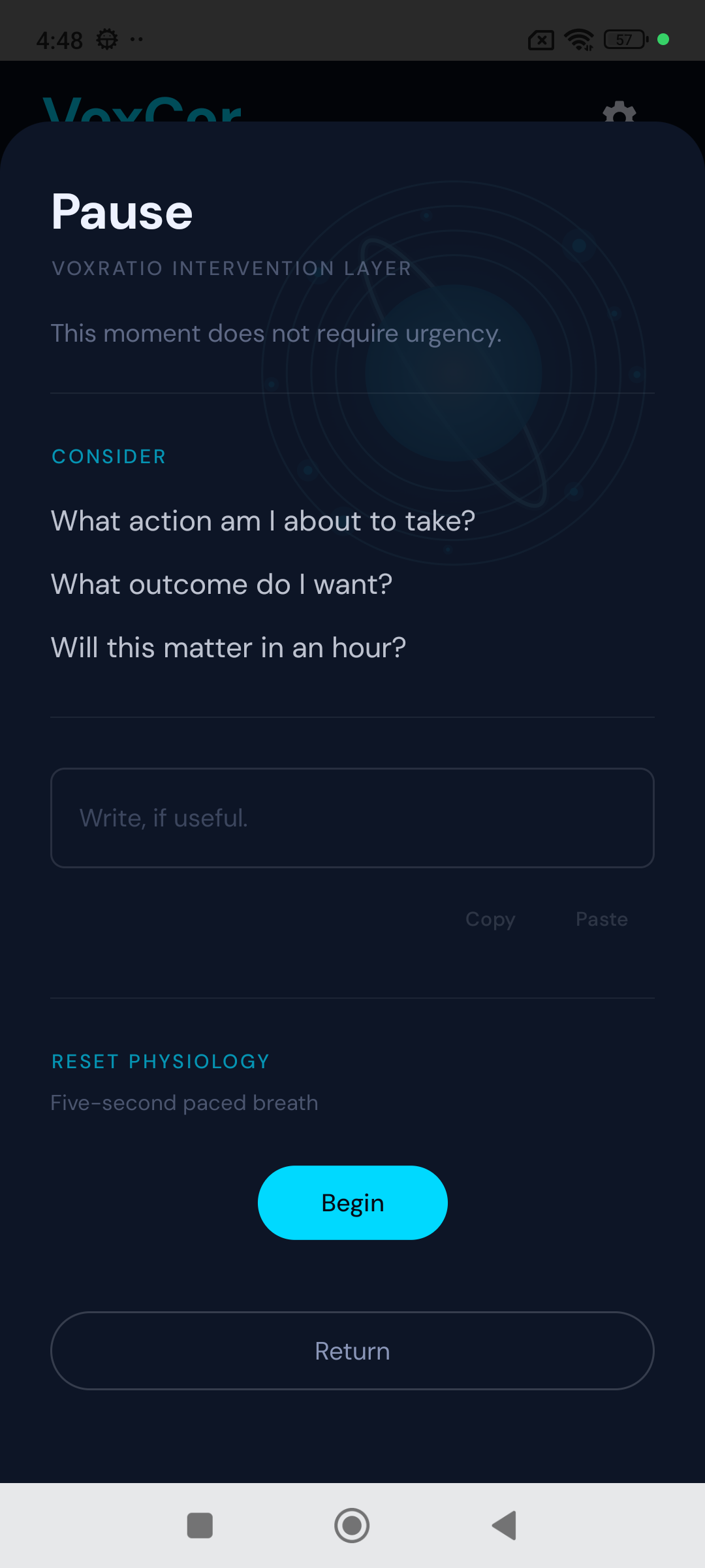 VoxRatio app — the pause screen that appears before you act on emotion
